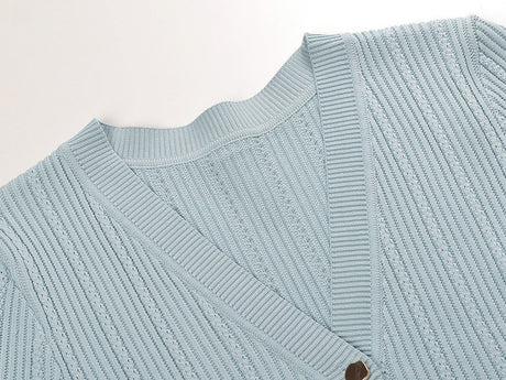 Dress - Tailored Fit - V - Neck Button Detail - Flared Skirt - Ribbed Knit Fabric