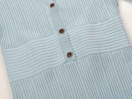 Dress - Tailored Fit - V - Neck Button Detail - Flared Skirt - Ribbed Knit Fabric