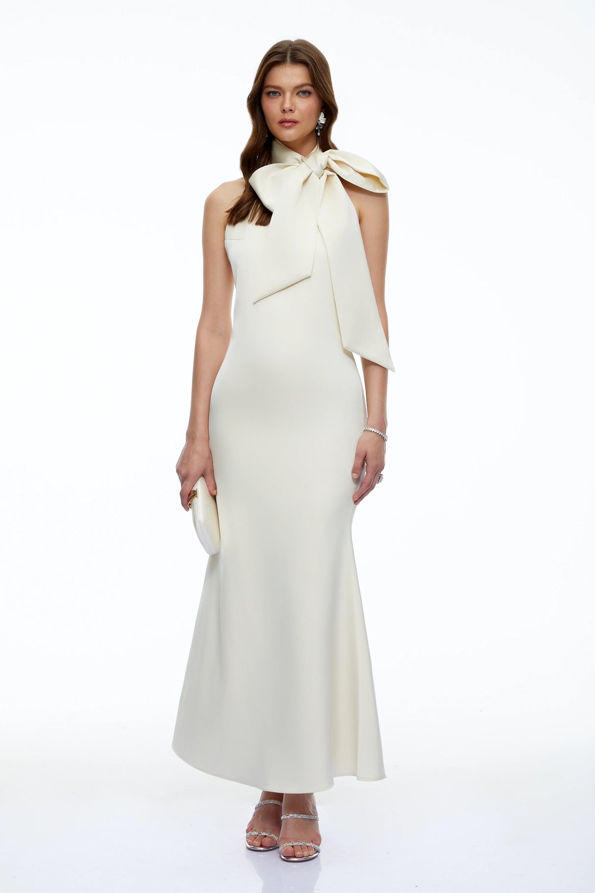 Drusilla Neutral Halterneck Maxi Dress with Bow