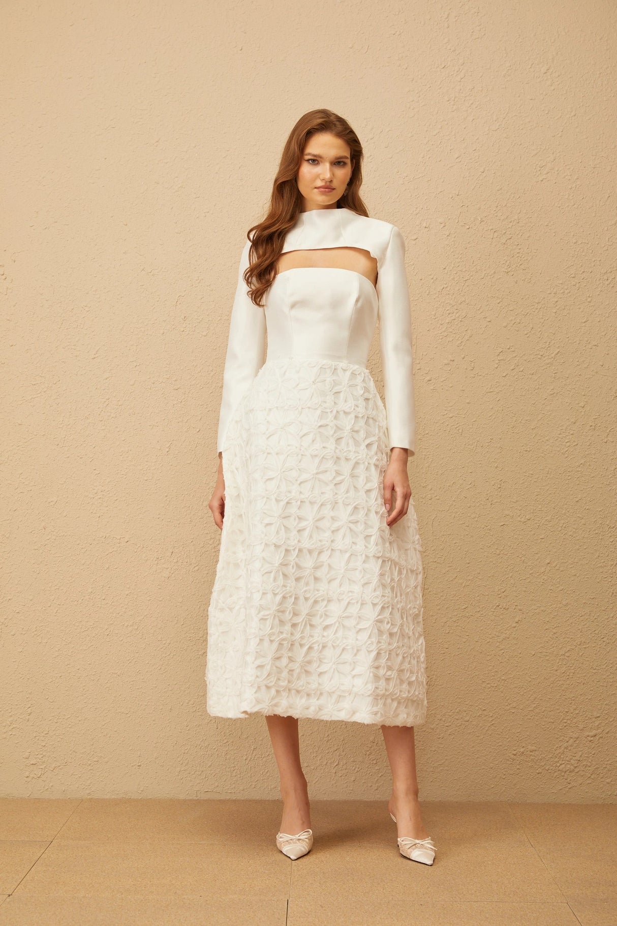 Dulcie White Floral Jacquard Shawl  Dress Set
