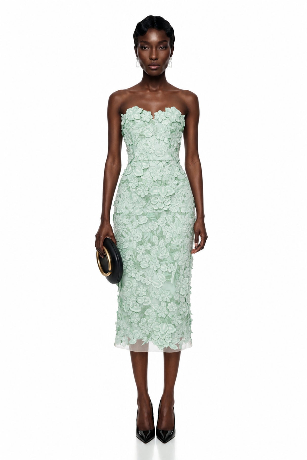 Duygu Green Off Shoulder Midi Dress with 3D Florals