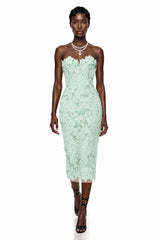 Duygu Green Off Shoulder Midi Dress with 3D Florals