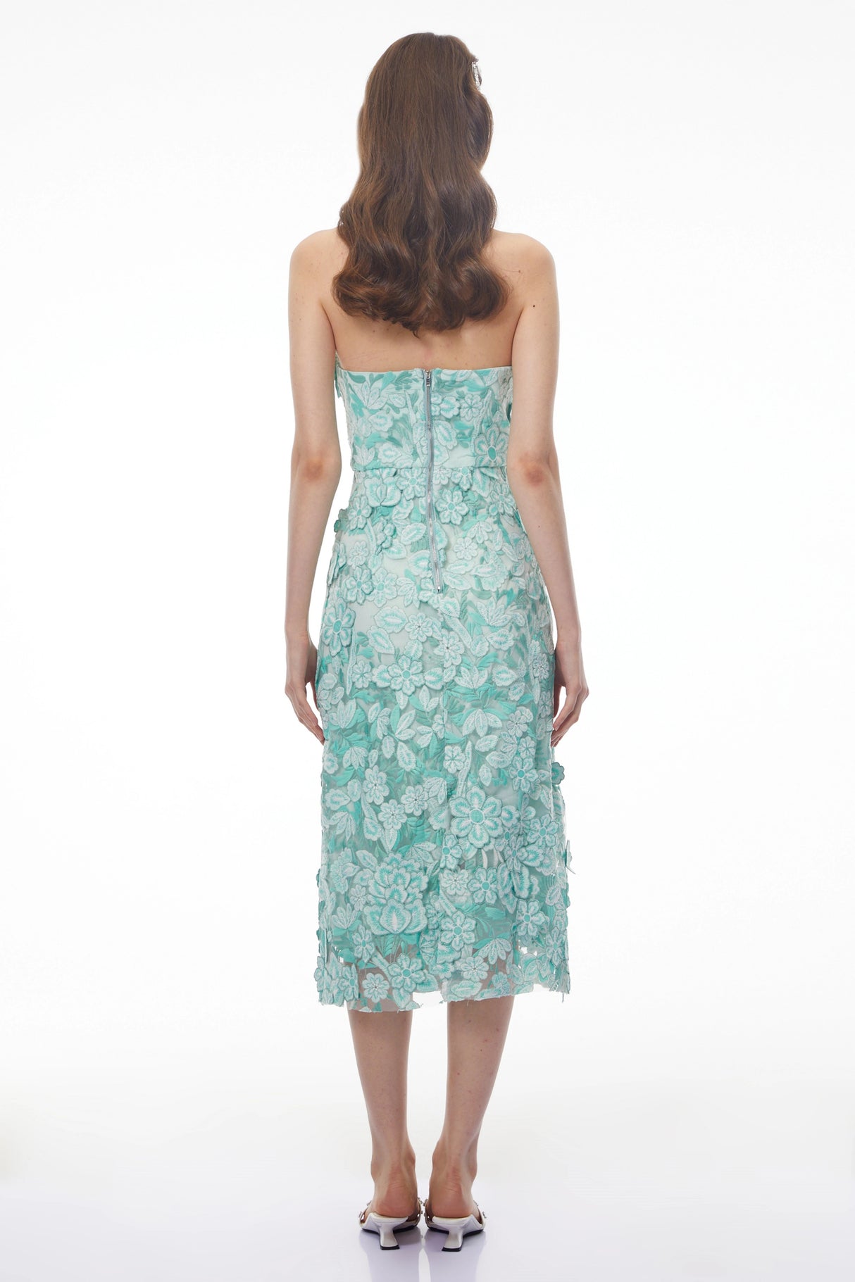 Duygu Green Off Shoulder Midi Dress with 3D Florals