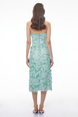 Duygu Green Off Shoulder Midi Dress with 3D Florals