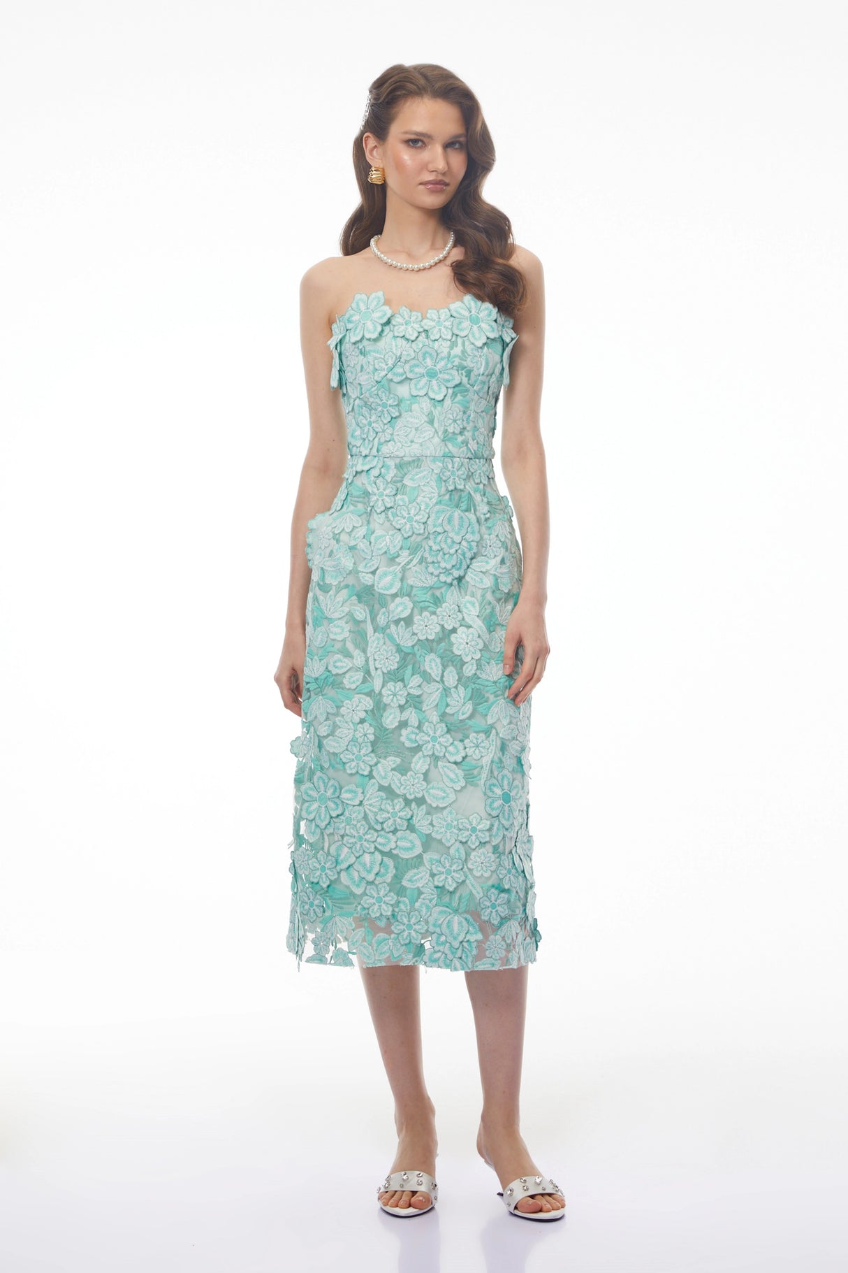 Duygu Green Off Shoulder Midi Dress with 3D Florals