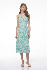 Duygu Green Off Shoulder Midi Dress with 3D Florals