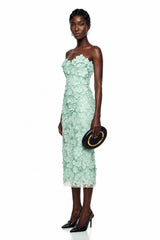 Duygu Green Off Shoulder Midi Dress with 3D Florals