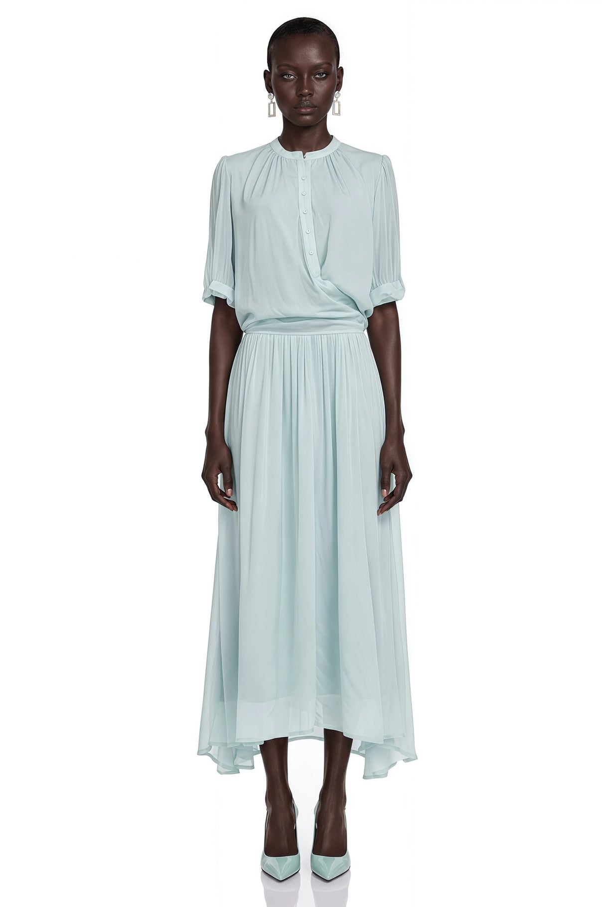 Duygu Light Mint Asymmetrical Pleated Maxi Dress