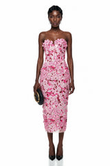 Duygu Pink Off Shoulder Midi Dress with 3D Florals