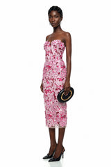 Duygu Pink Off Shoulder Midi Dress with 3D Florals