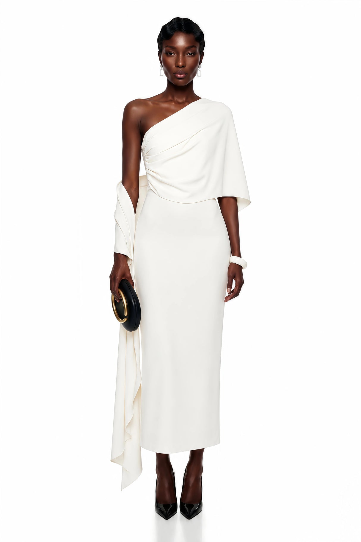 Duygu White Asymmetrical Ruched Midi Dress