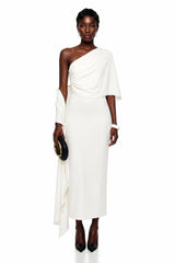 Duygu White Asymmetrical Ruched Midi Dress