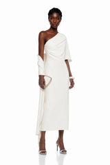Duygu White Asymmetrical Ruched Midi Dress