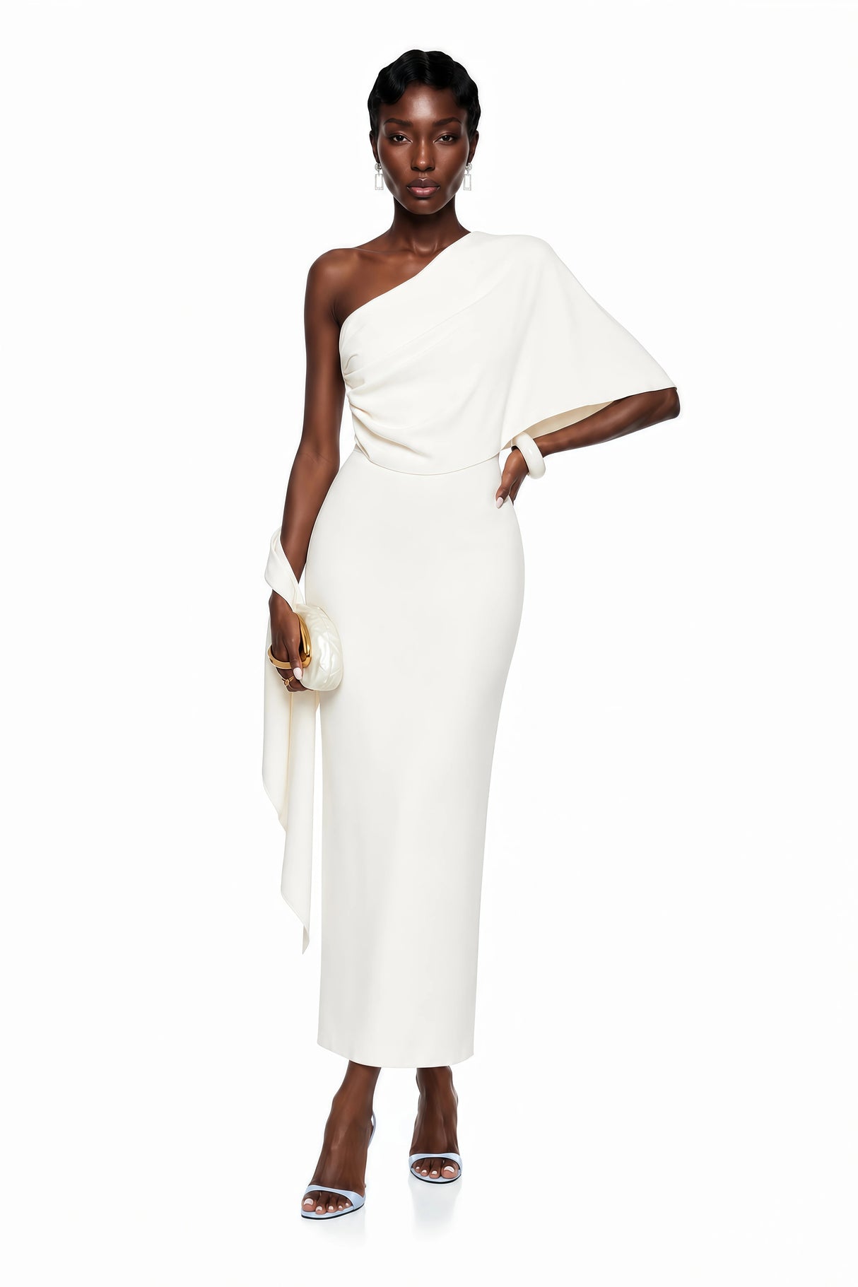 Duygu White Asymmetrical Ruched Midi Dress