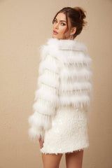 Dylan Jacket - Padded Design - Raccoon Dog Fur Detailing - Fringed Crystal Embellishment - Cropped Silhouette