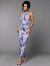 Dylan Maxi Dress - Stand Collar Neckline - Pencil Hem - Ruched Details - Tie Dye Pattern - Slim Fit