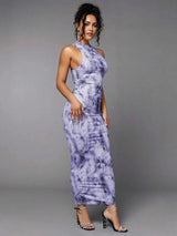 Dylan Maxi Dress - Stand Collar Neckline - Pencil Hem - Ruched Details - Tie Dye Pattern - Slim Fit