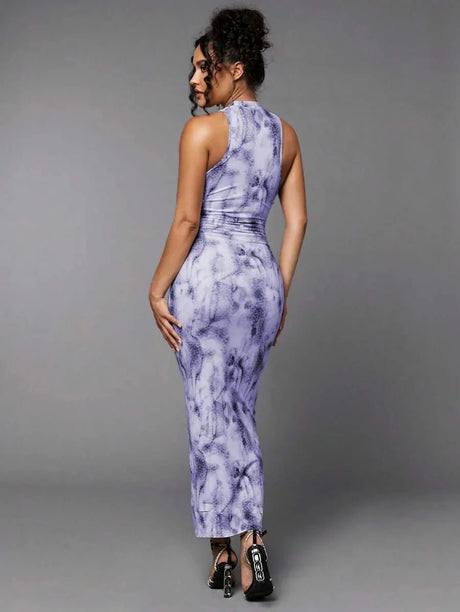 Dylan Maxi Dress - Stand Collar Neckline - Pencil Hem - Ruched Details - Tie Dye Pattern - Slim Fit