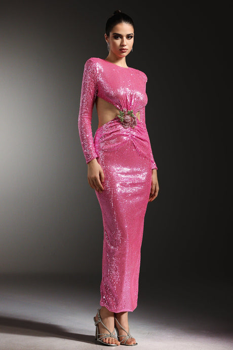 Dylan Pink Sequin Maxi Dress with Floral Embellishment