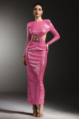 Dylan Pink Sequin Maxi Dress with Hollow Out Design and Floral Embellishment