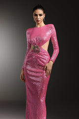 Dylan Pink Sequin Maxi Dress with Hollow Out Design and Floral Embellishment
