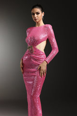 Dylan Pink Sequin Maxi Dress with Hollow Out Design and Floral Embellishment
