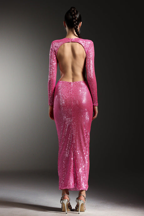 Dylan Pink Sequin Maxi Dress Hollow Out Design Floral Embellishment