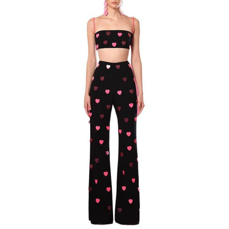 Dylan Top & Pants Set – Cropped Heart Pattern Top – Flared Relaxed Fit Pants – Braided Straps – Bold Contrast Design