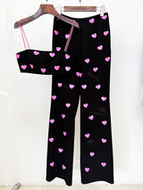 Dylan Top & Pants Set – Cropped Heart Pattern Top – Flared Relaxed Fit Pants – Braided Straps – Bold Contrast Design