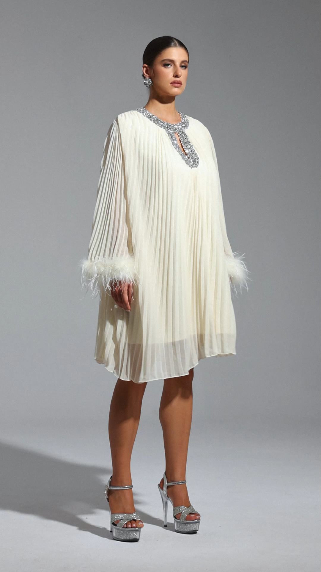 Guenda Midi Dress - Pleated - Diamond Detailing - Feather Accents - Lightweight Fabric
