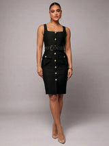 Early Spring Sleeveless Solid Black Elegant SlimFit Midi Business Dress Sexy Office Uniform Teacher