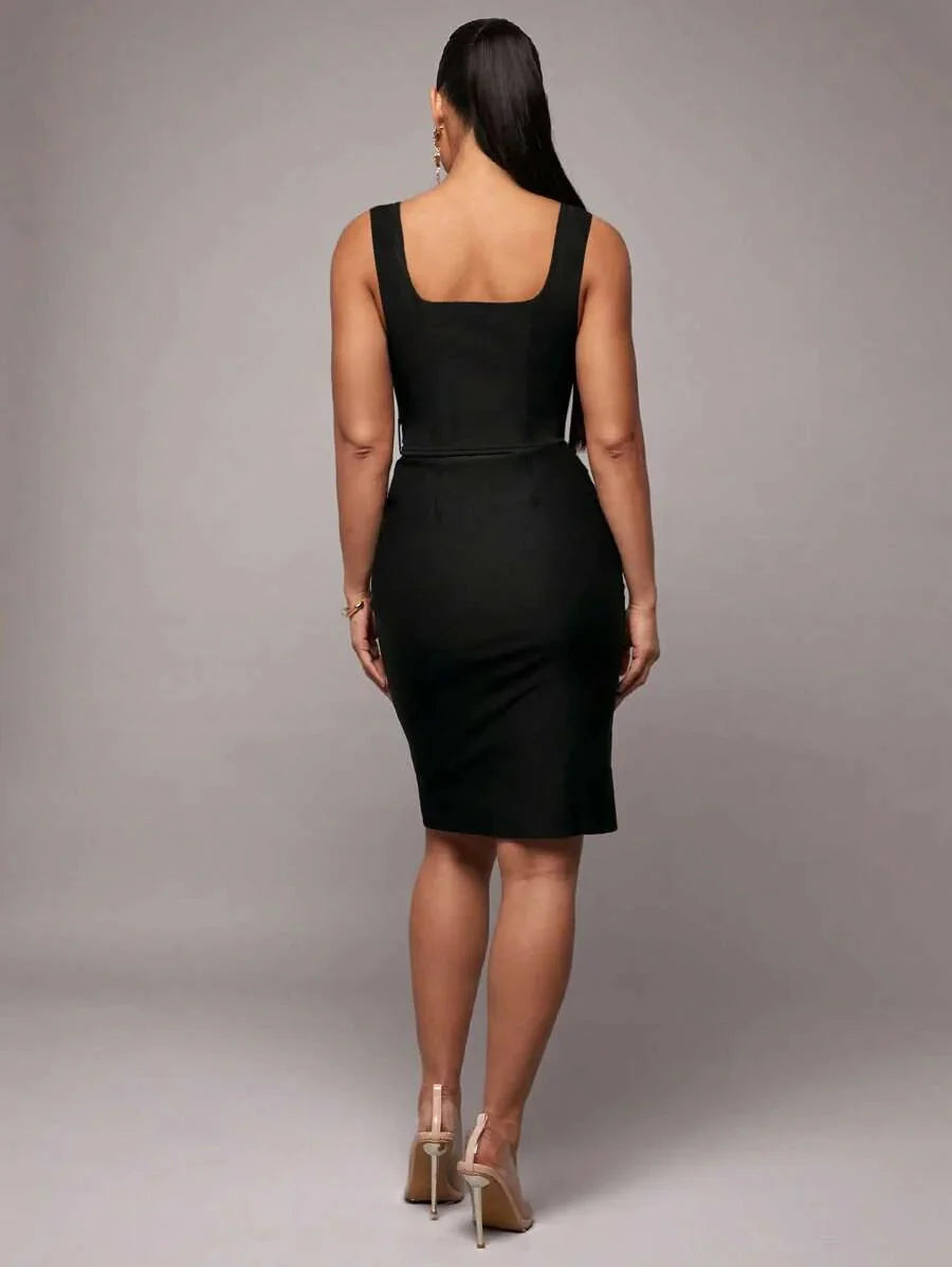 Early Spring Sleeveless Solid Black Elegant SlimFit Midi Business Dress Sexy Office Uniform Teacher