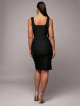Early Spring Sleeveless Solid Black Elegant SlimFit Midi Business Dress Sexy Office Uniform Teacher