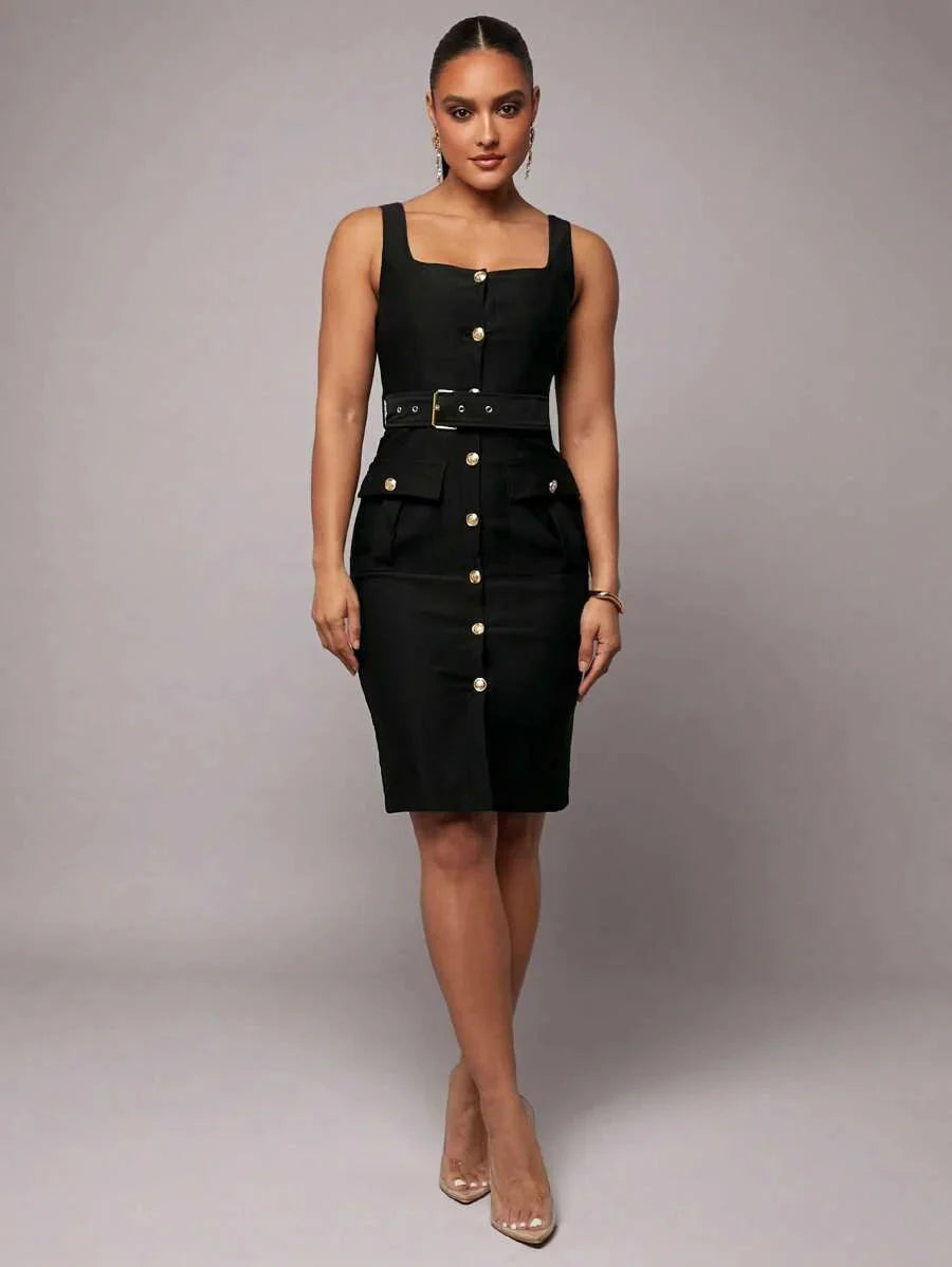 Early Spring Sleeveless Solid Black Elegant SlimFit Midi Business Dress Sexy Office Uniform Teacher