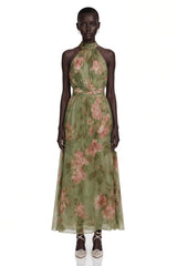 Ecem Green Mock Neck Ruched Maxi Dress with Floral Print