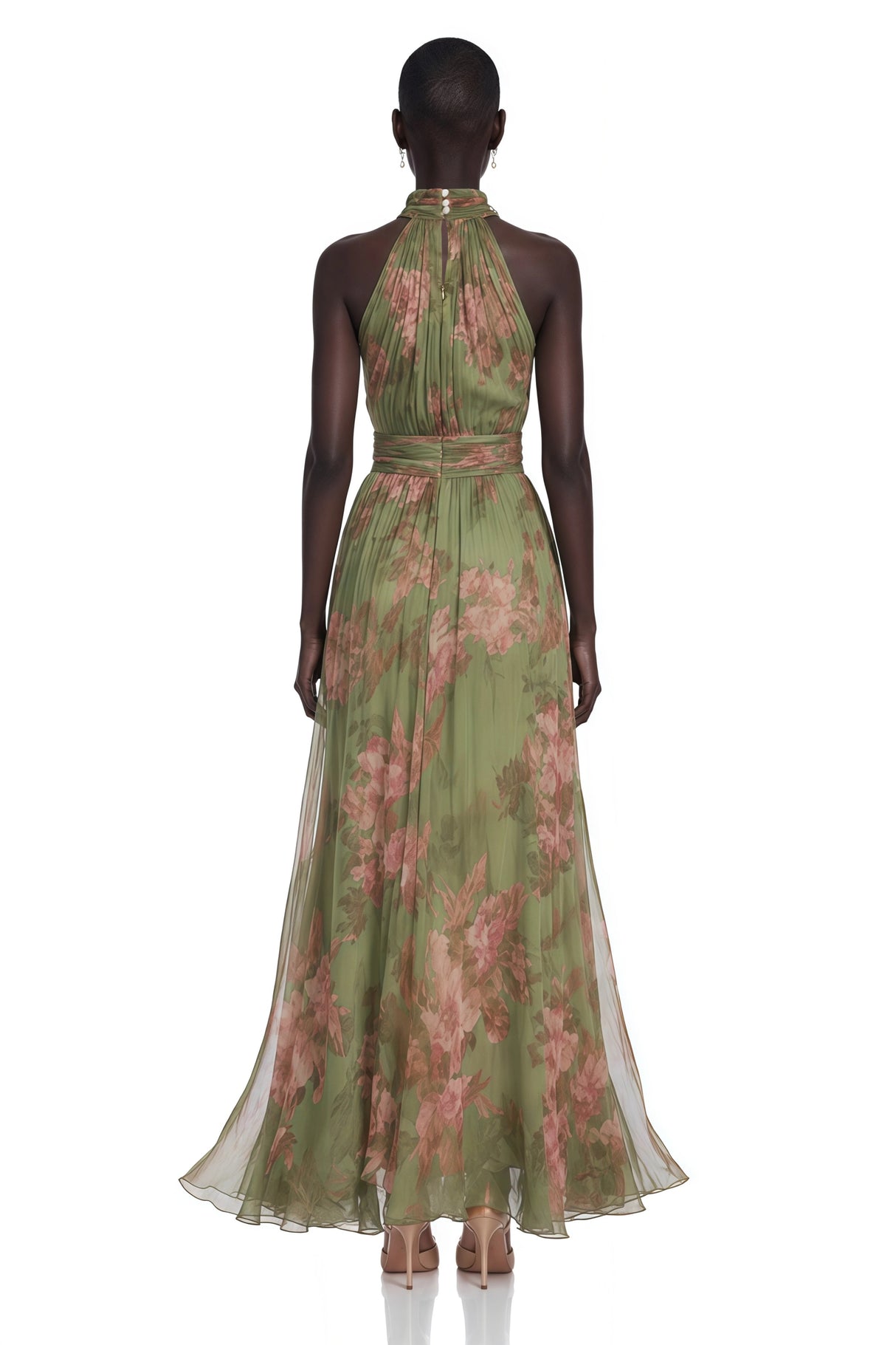 Ecem Green Mock Neck Ruched Maxi Dress with Floral Print