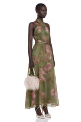 Ecem Green Mock Neck Ruched Maxi Dress with Floral Print
