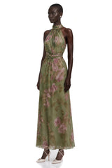 Ecem Green Mock Neck Ruched Maxi Dress with Floral Print