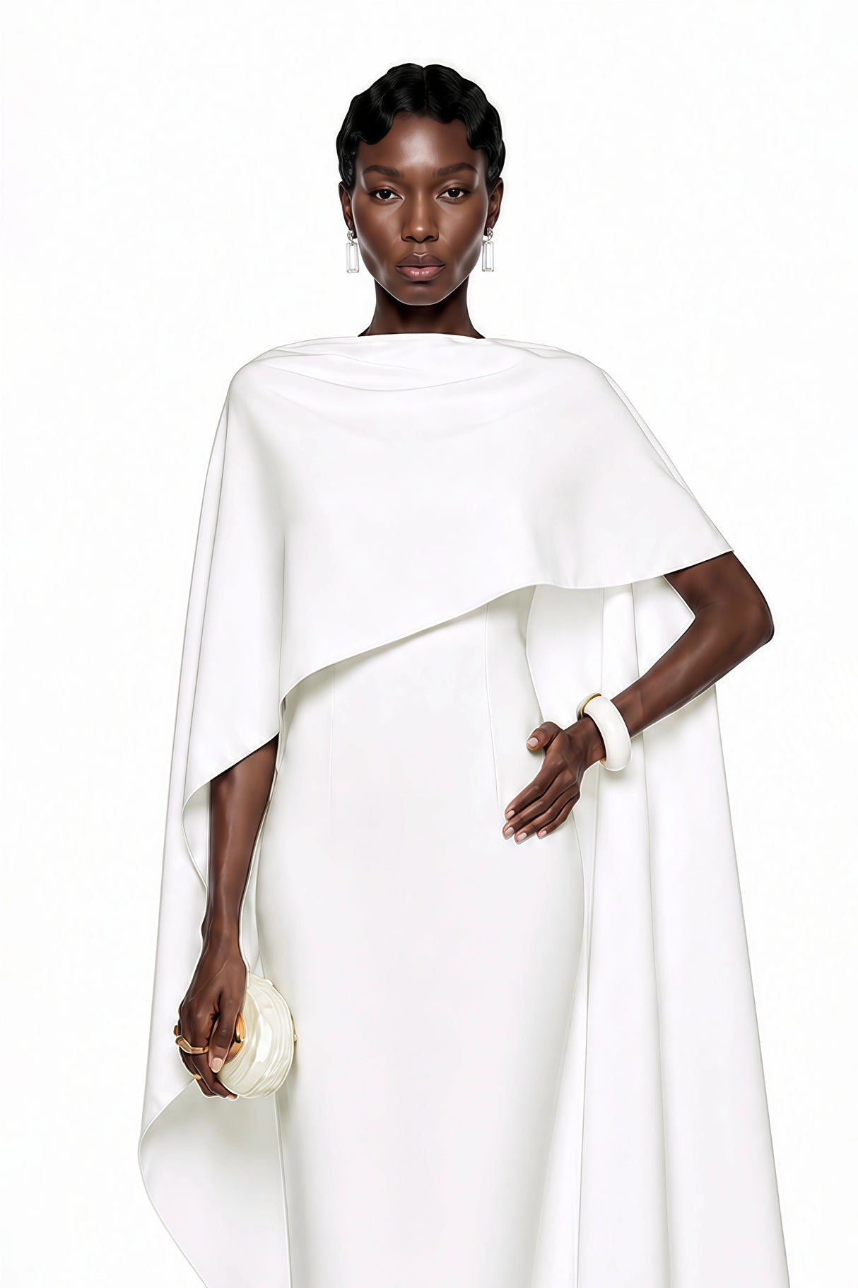 Ecem White Backless Maxi Dress with Cape