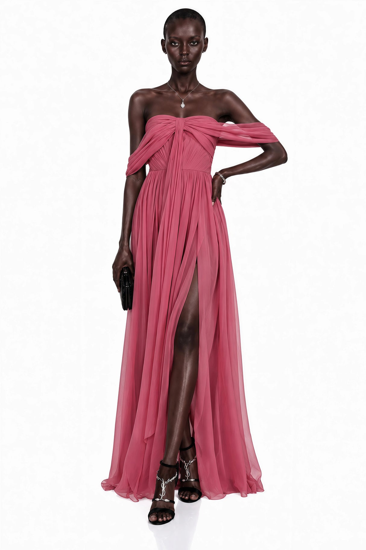 Ecrin Pink Off Shoulder Cross Front Maxi Dress