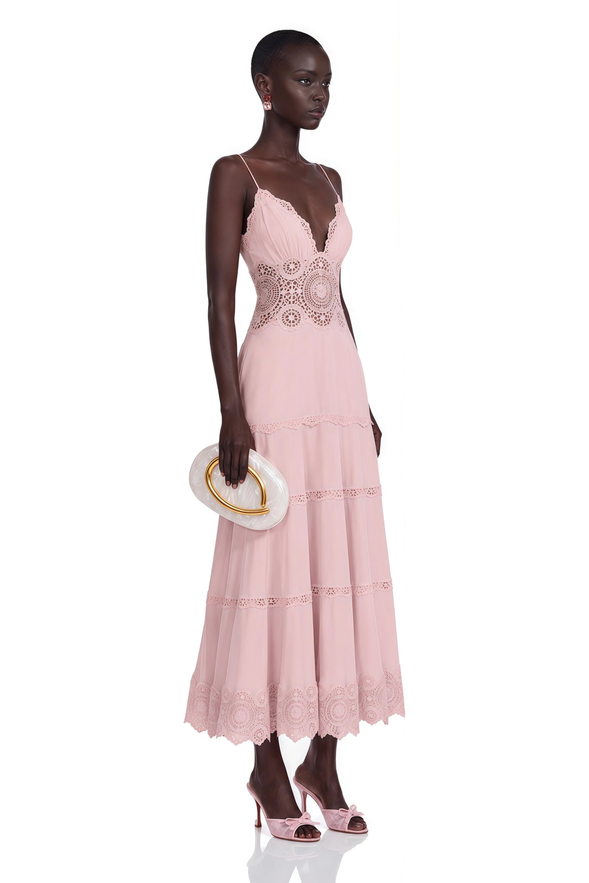 Ecrin Pink Tiered Midi Dress with Lace Panels