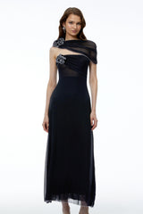 Eden Black One Shoulder Asymmetrical Maxi Dress