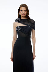 Eden Black One Shoulder Asymmetrical Maxi Dress