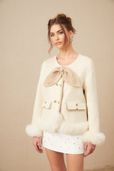 Eden Coat – Collarless – Two - Tone Design – Faux - Fur Trim