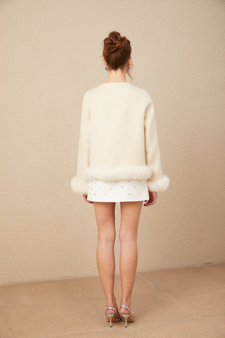 Eden Coat – Collarless – Two - Tone Design – Faux - Fur Trim