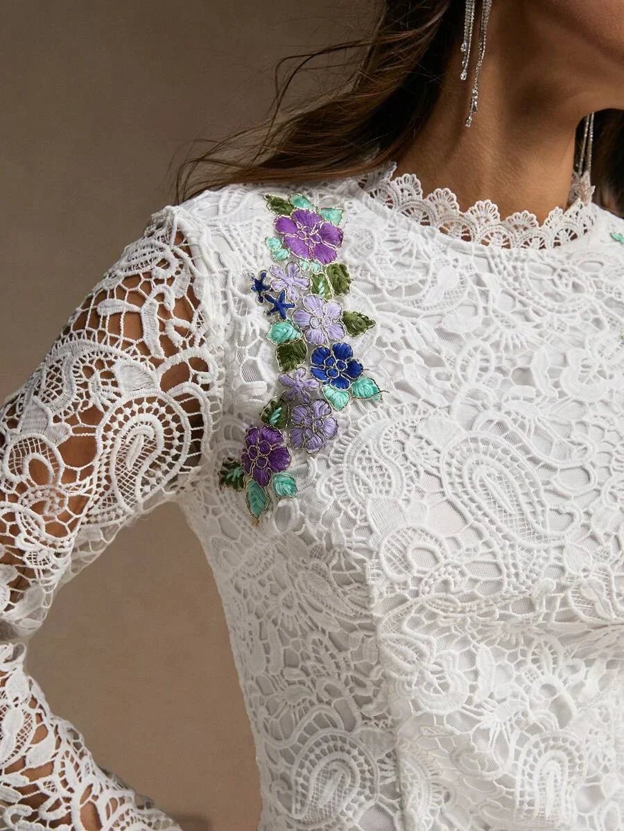 Eden Midi Dress - Stand Collar - Wedding - Regular Sleeve - Elegant - Colorblock Floral - Backless Split Zipper