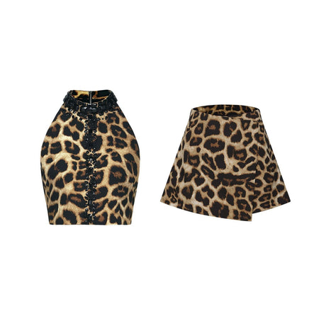 Eden Skirt & Top Set - Crystal Embellished Halterneck Top - Leopard Cropped Top - Irregular Hem Culotte Skirt
