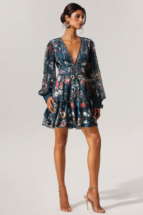 Eden Teal Floral Print Long Sleeve Mini Dress