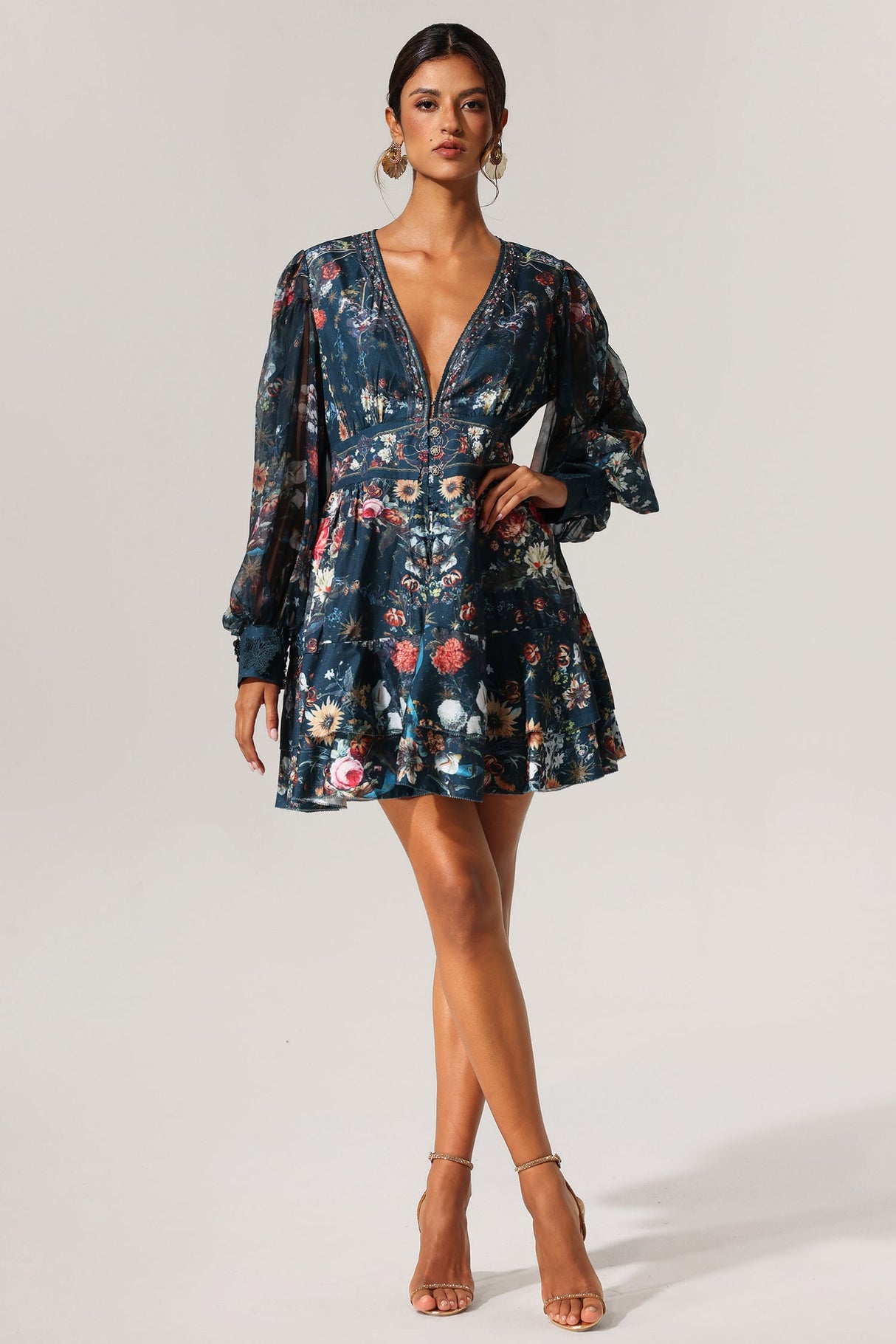 Eden Teal Floral Print Long Sleeve Mini Dress