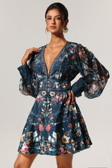 Eden Teal Floral Print Long Sleeve Mini Dress